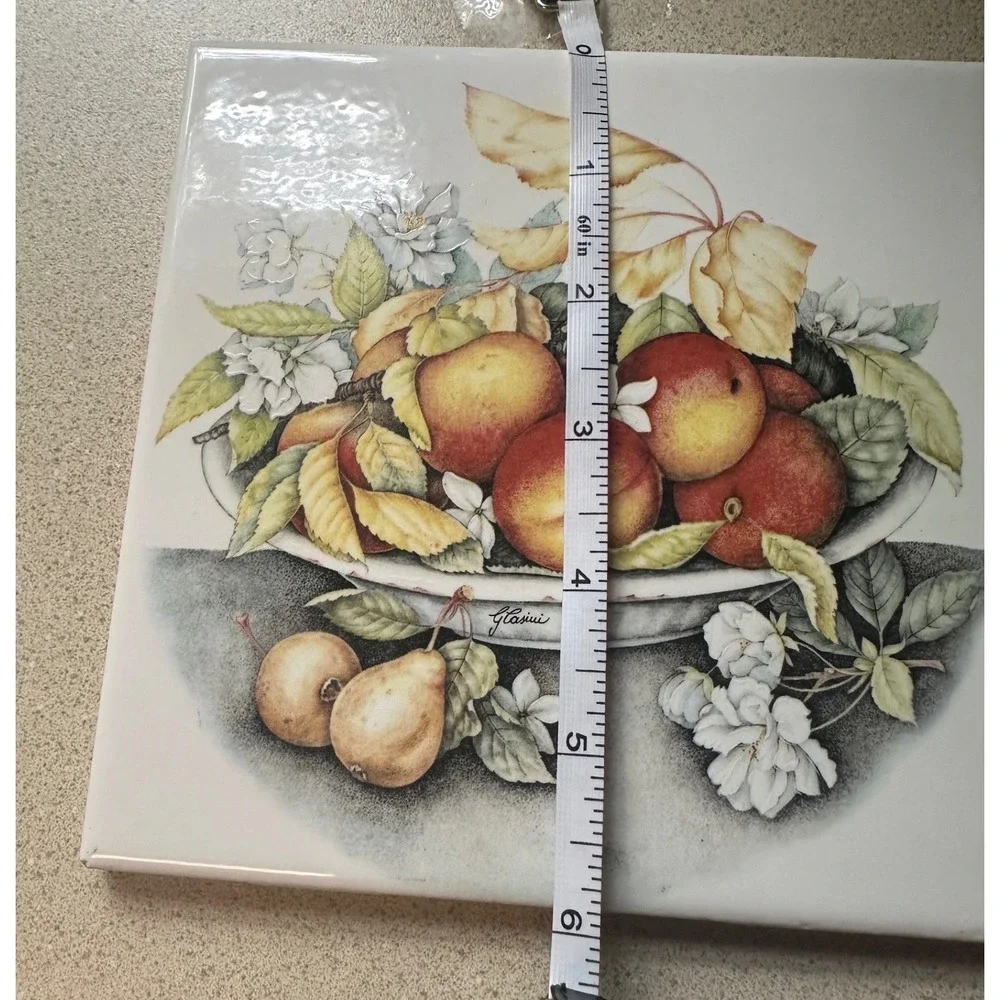 Glasini Vintage Ceramic Fruit Still Life Decorative Tile Cork Backed 6x6 EUC